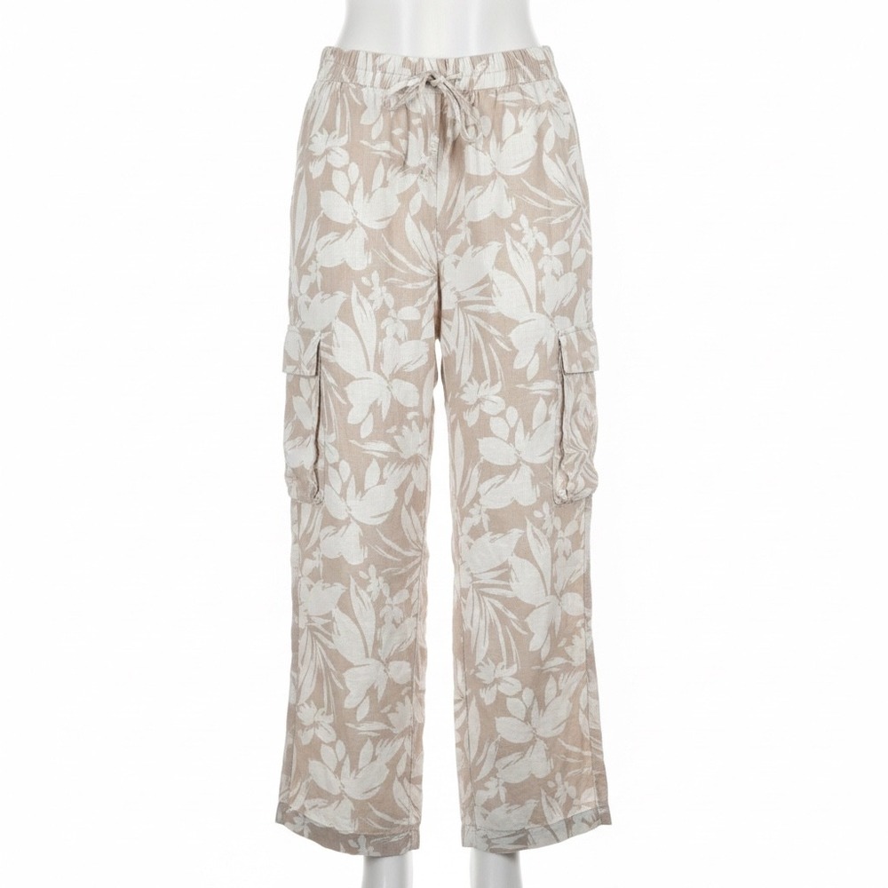 Monteau Los Angeles‎ Cargo Pants Women Large Beige Floral Linen Blend Resortwear